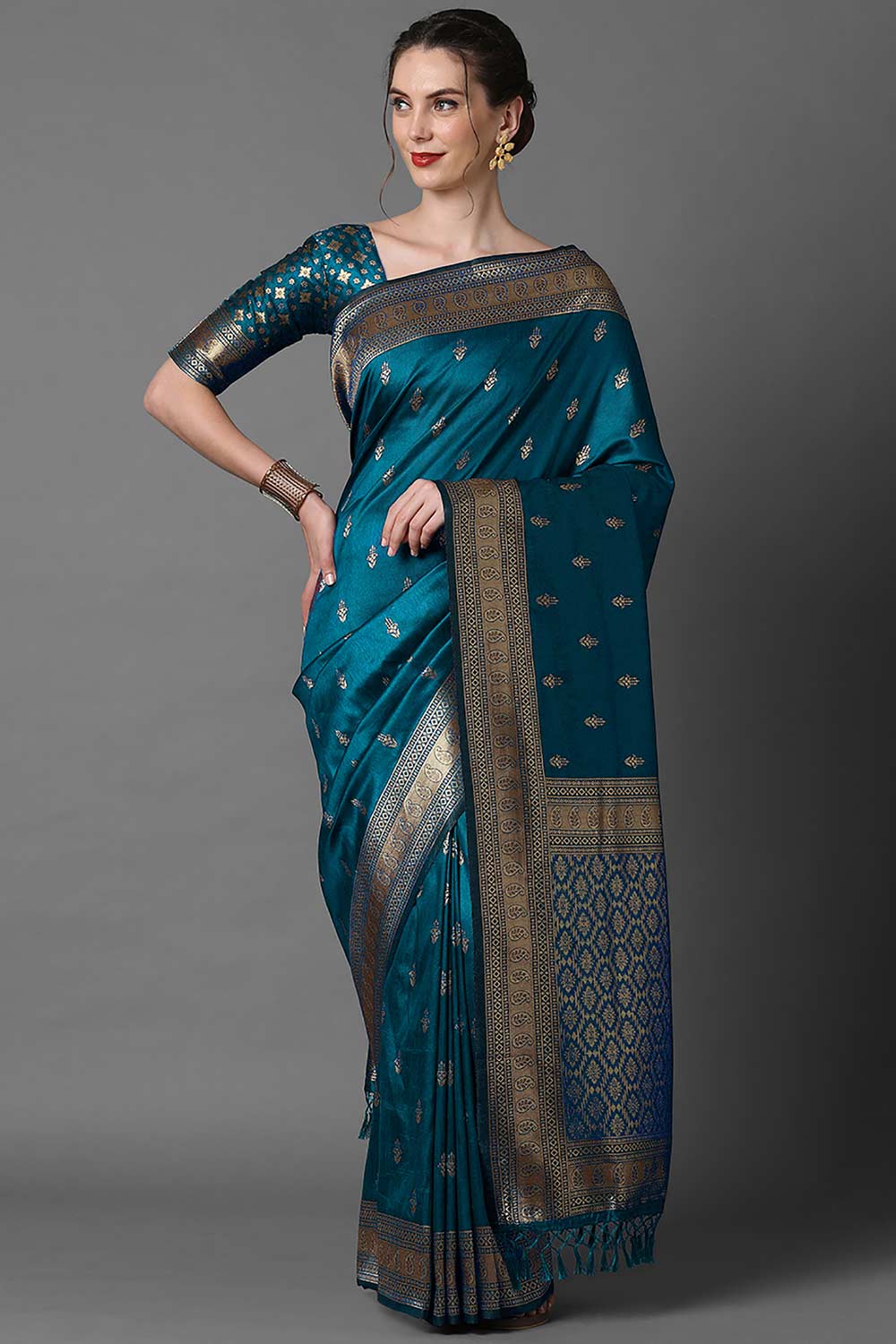 Buy Minal Teal Blue Silk Blend Banarasi One Minute Saree Online - One Minute Saree