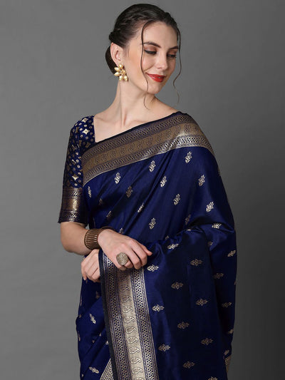 Shop Ana Navy Blue Silk Blend Banarasi One Minute Saree at best offer at our  Store - One Minute Saree