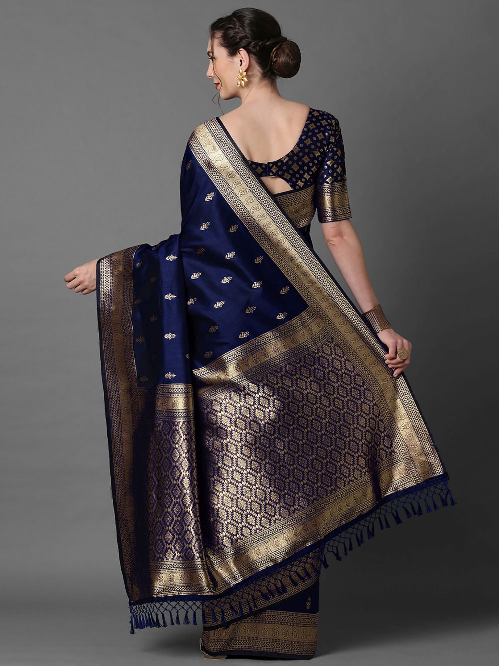 Buy Ana Navy Blue Silk Blend Banarasi One Minute Saree Online