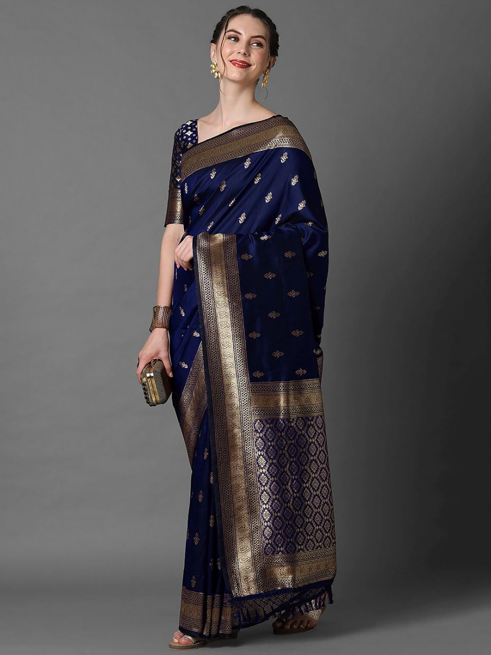 Buy Ana Navy Blue Silk Blend Banarasi One Minute Saree Online - Back