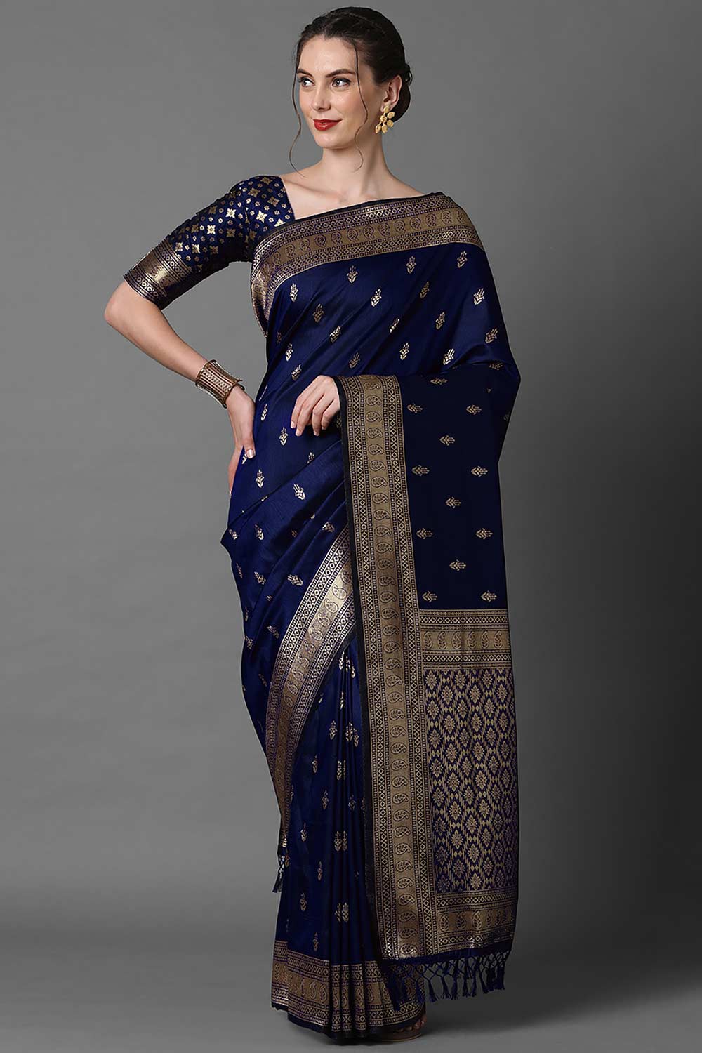 Buy Ana Navy Blue Silk Blend Banarasi One Minute Saree Online - One Minute Saree