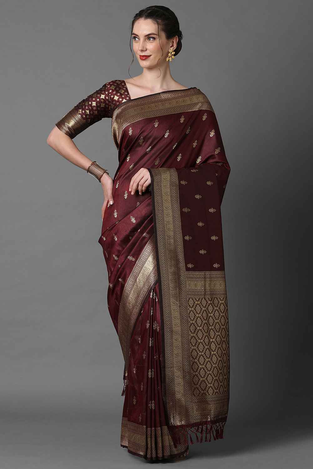 Buy Doris Burgundy Woven Art Silk One Minute Saree Online - One Minute Saree
