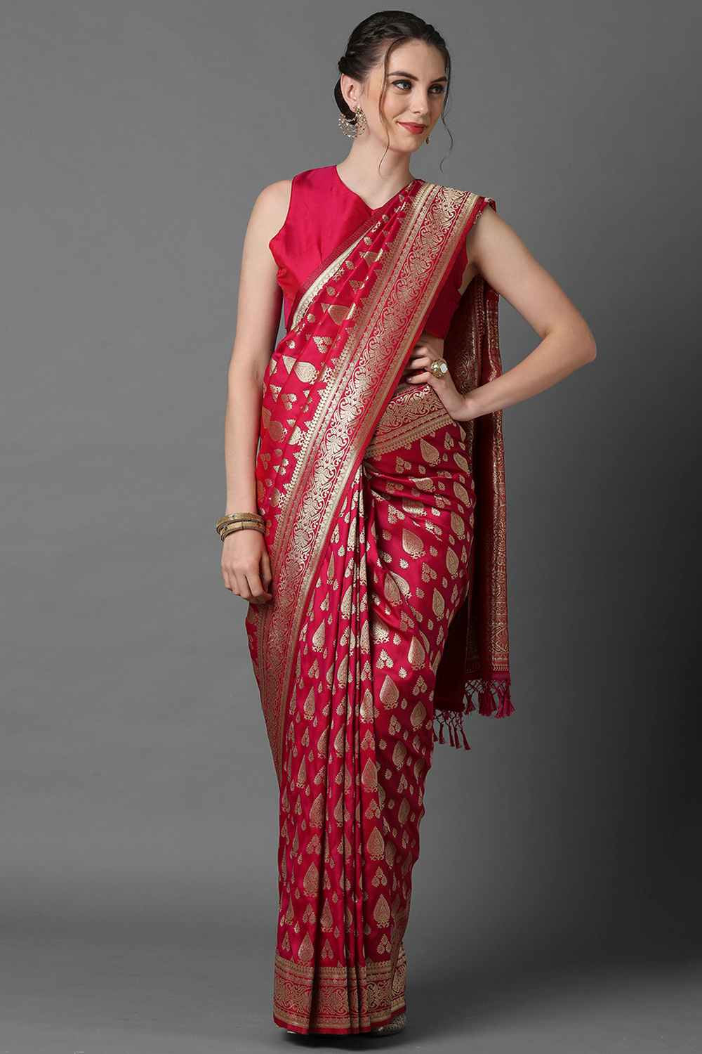 Buy Zia Red Woven Art Silk One Minute Saree Online - One Minute Saree