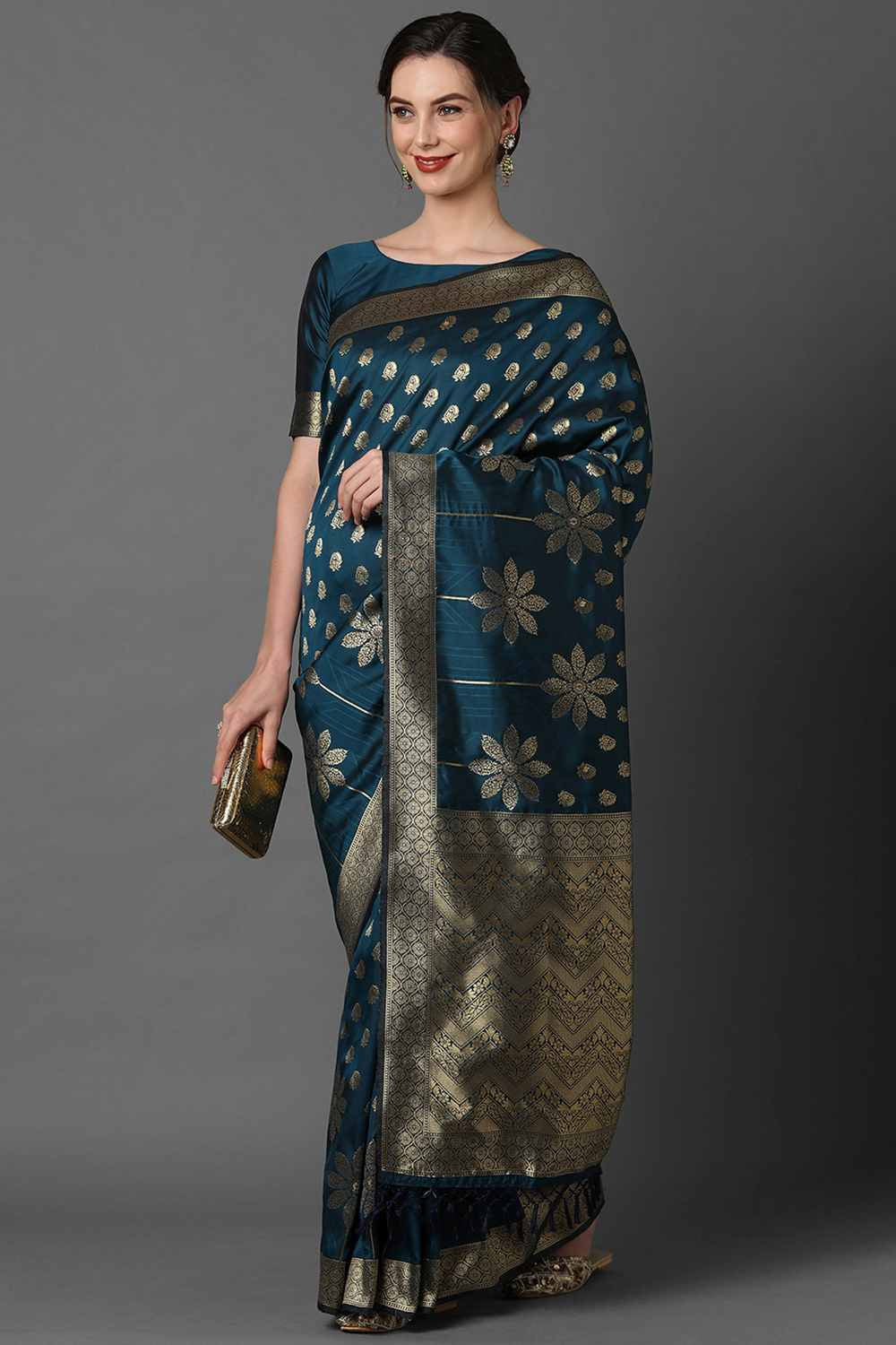 Buy Madhu Teal Blue Woven Art Silk One Minute Saree Online