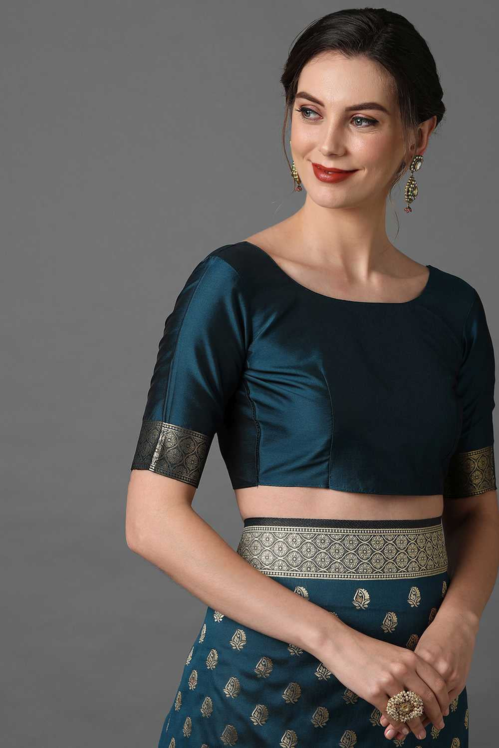 Buy Madhu Teal Blue Woven Art Silk One Minute Saree Online - Back