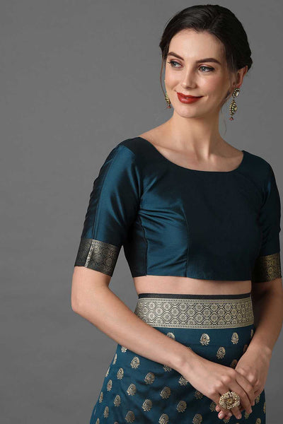 Buy Madhu Teal Blue Woven Art Silk One Minute Saree Online - Back