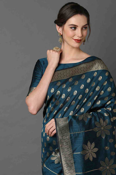 Buy Madhu Teal Blue Woven Art Silk One Minute Saree Online - Side