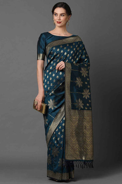 Buy Madhu Teal Blue Woven Art Silk One Minute Saree Online - One Minute Saree