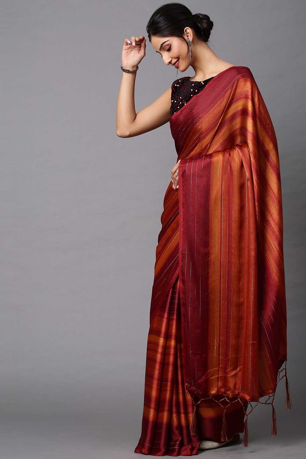 Buy Lori Rust Striped Poly Georgette One Minute Saree Online