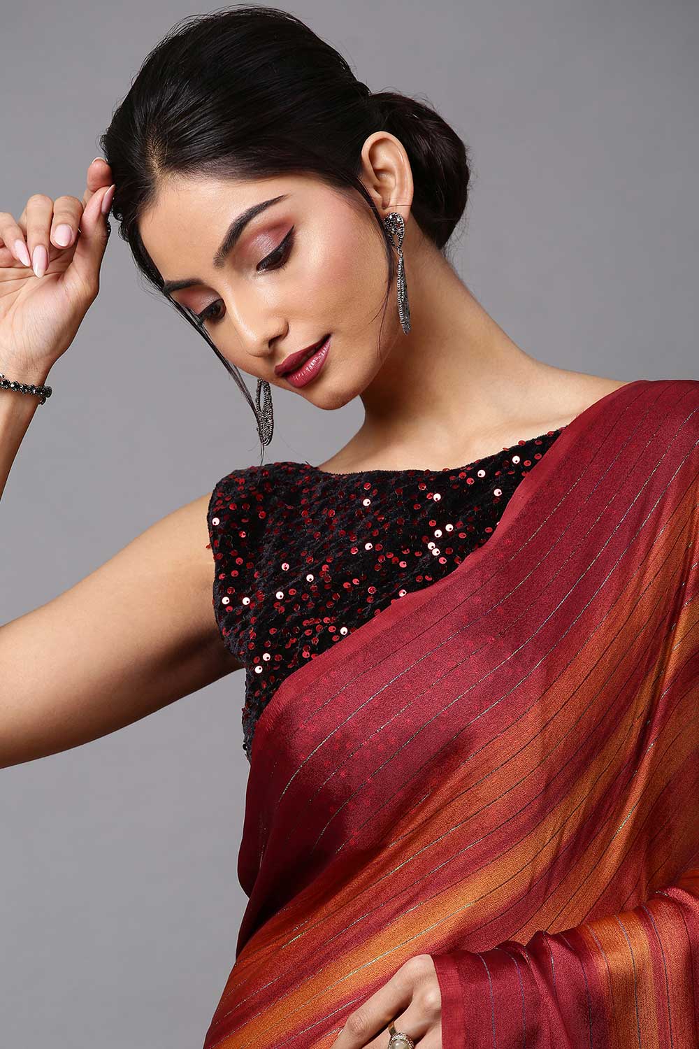 Buy Lori Rust Striped Poly Georgette One Minute Saree Online - Front