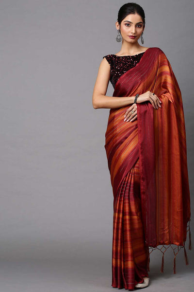 Buy Lori Rust Striped Poly Georgette One Minute Saree Online - One Minute Saree