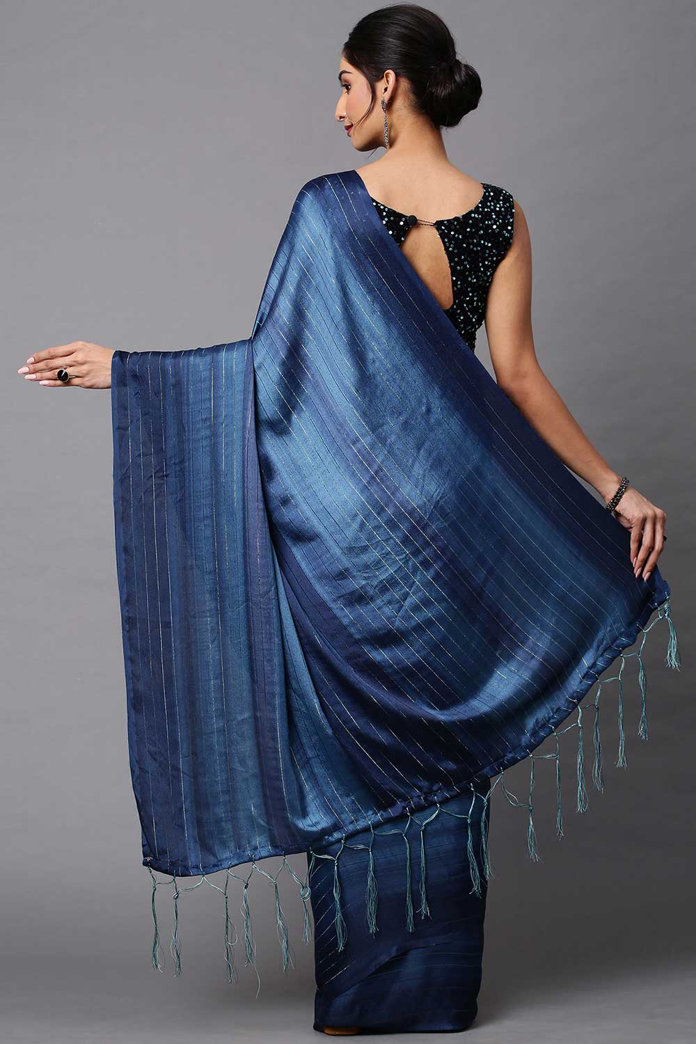Shop Tia Navy Blue Striped Poly Georgette One Minute Saree at best offer at our  Store - One Minute Saree
