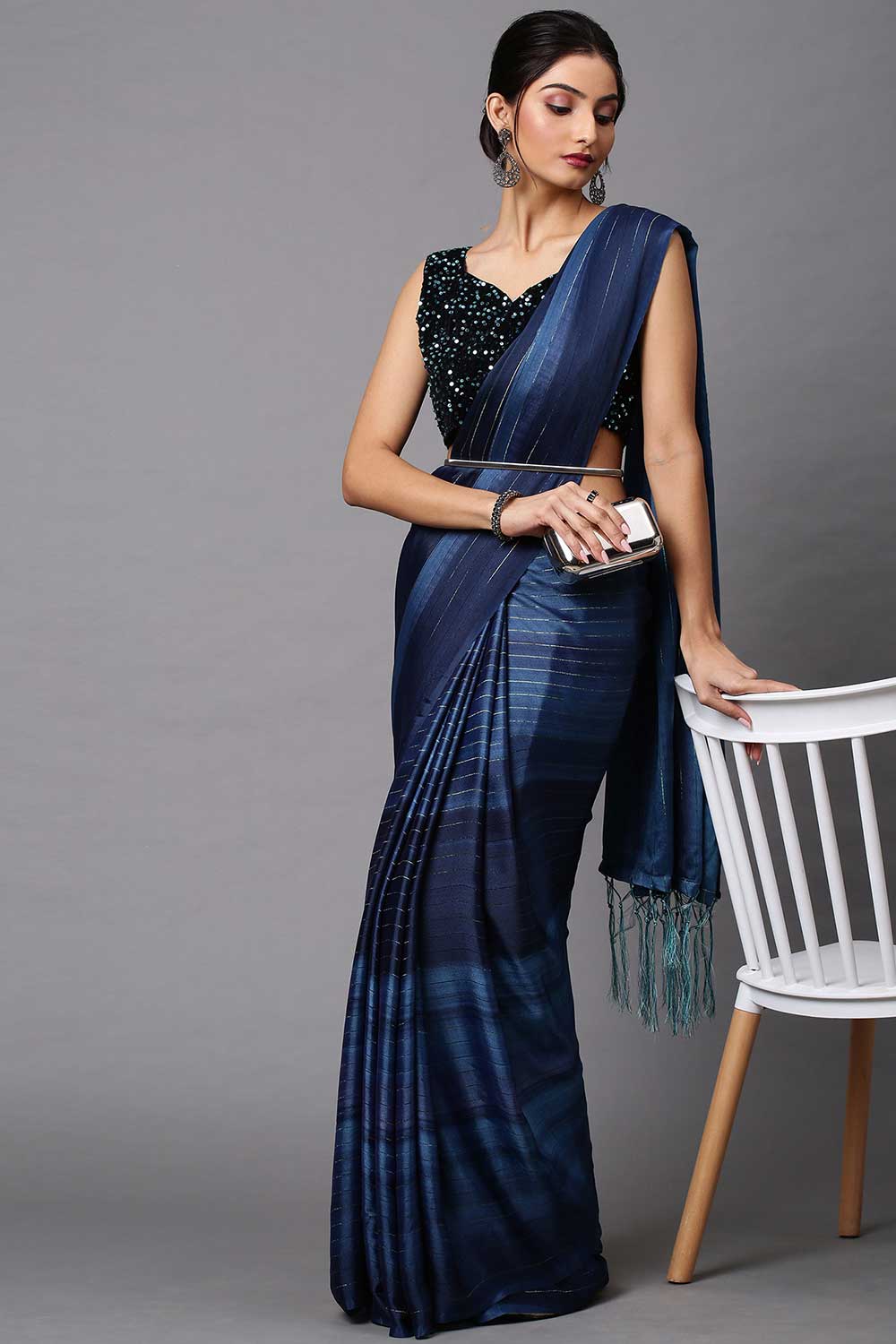 Buy Tia Navy Blue Striped Poly Georgette One Minute Saree Online