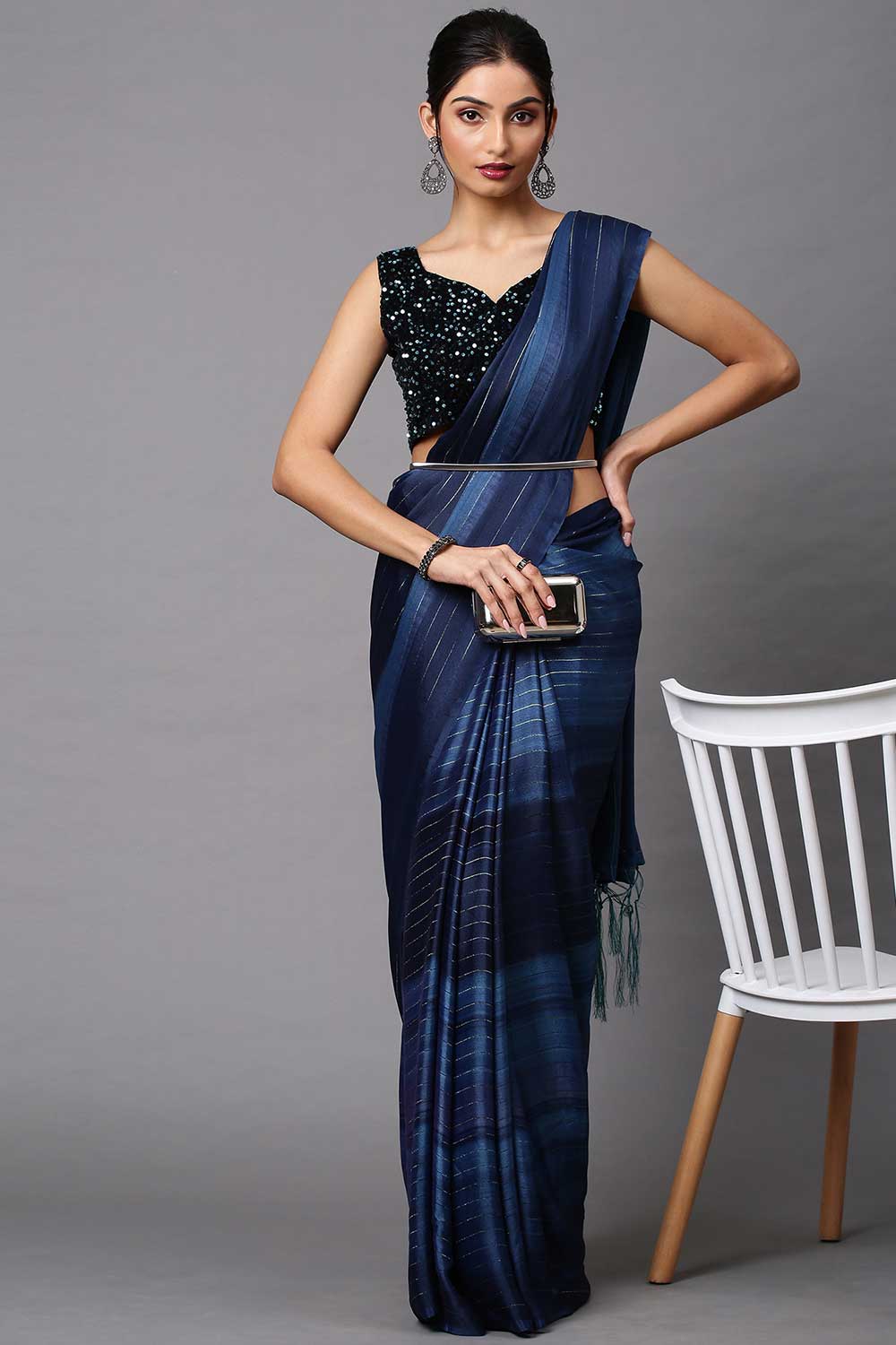 Buy Tia Navy Blue Striped Poly Georgette One Minute Saree Online - One Minute Saree