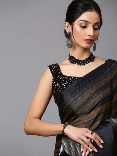 Buy Fedora Black Poly Georgette Striped One Minute Saree Online