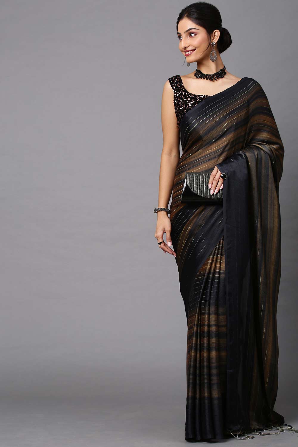 Buy Fedora Black Poly Georgette Striped One Minute Saree Online - One Minute Saree