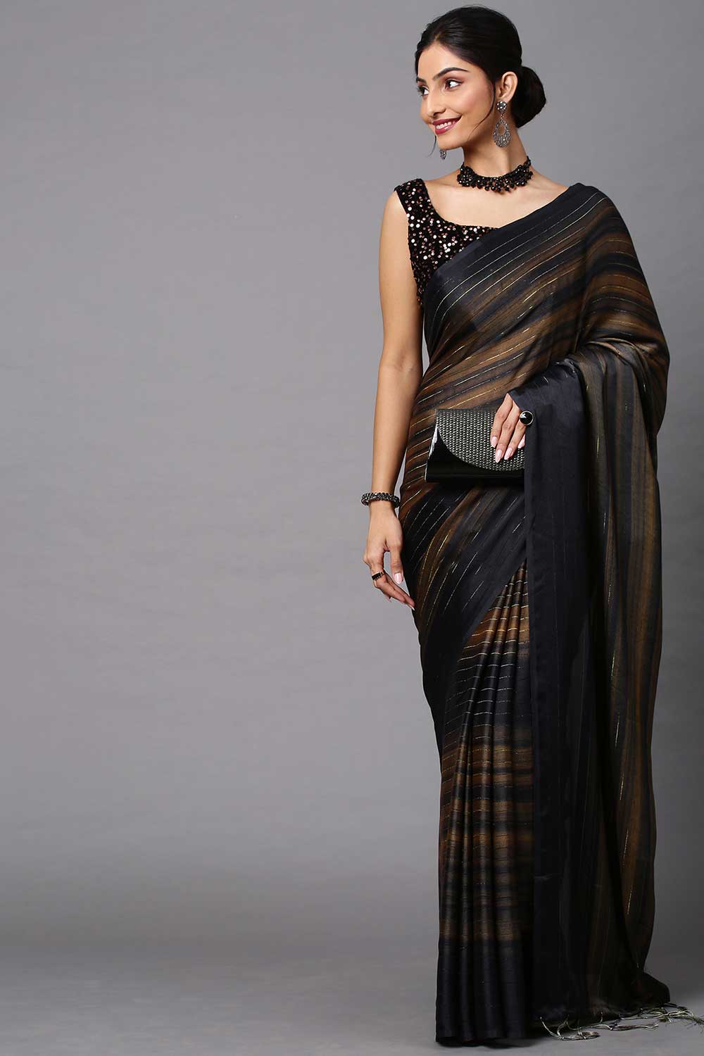 Buy Mylana Black Striped Poly Georgette One Minute Saree Online - One Minute Saree