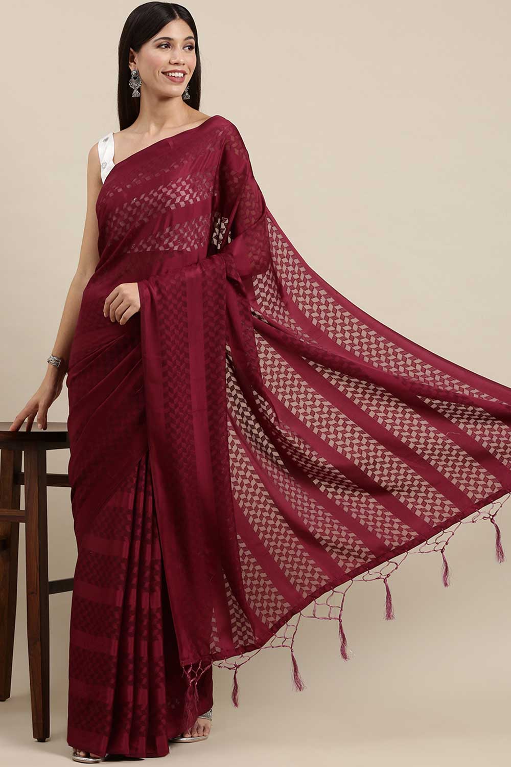 Buy Livvy Magenta Solid Satin One Minute Saree Online