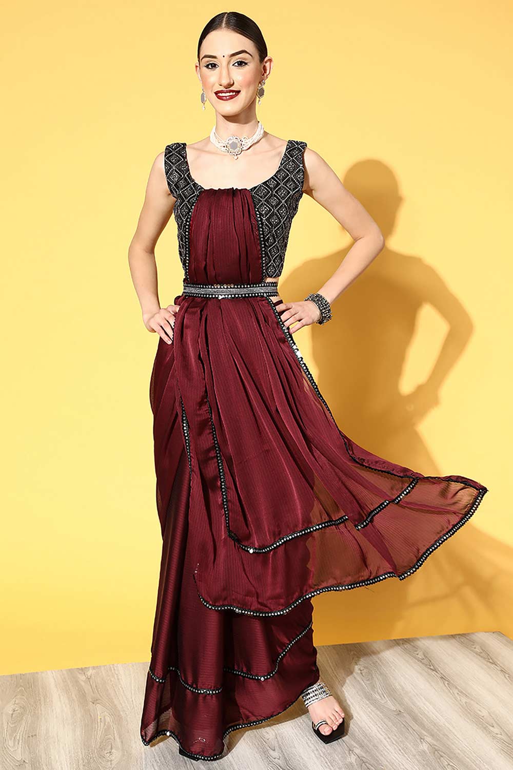 Buy Salya Burgundy Georgette Striped One Minute Saree Online - One Minute Saree