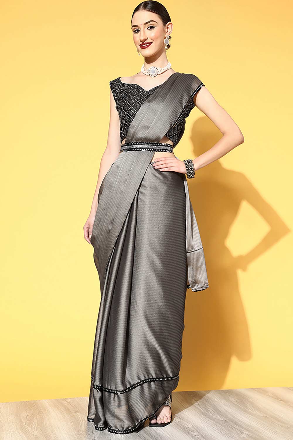 Buy Loriana Grey Georgette Striped One Minute Saree Online - One Minute Saree