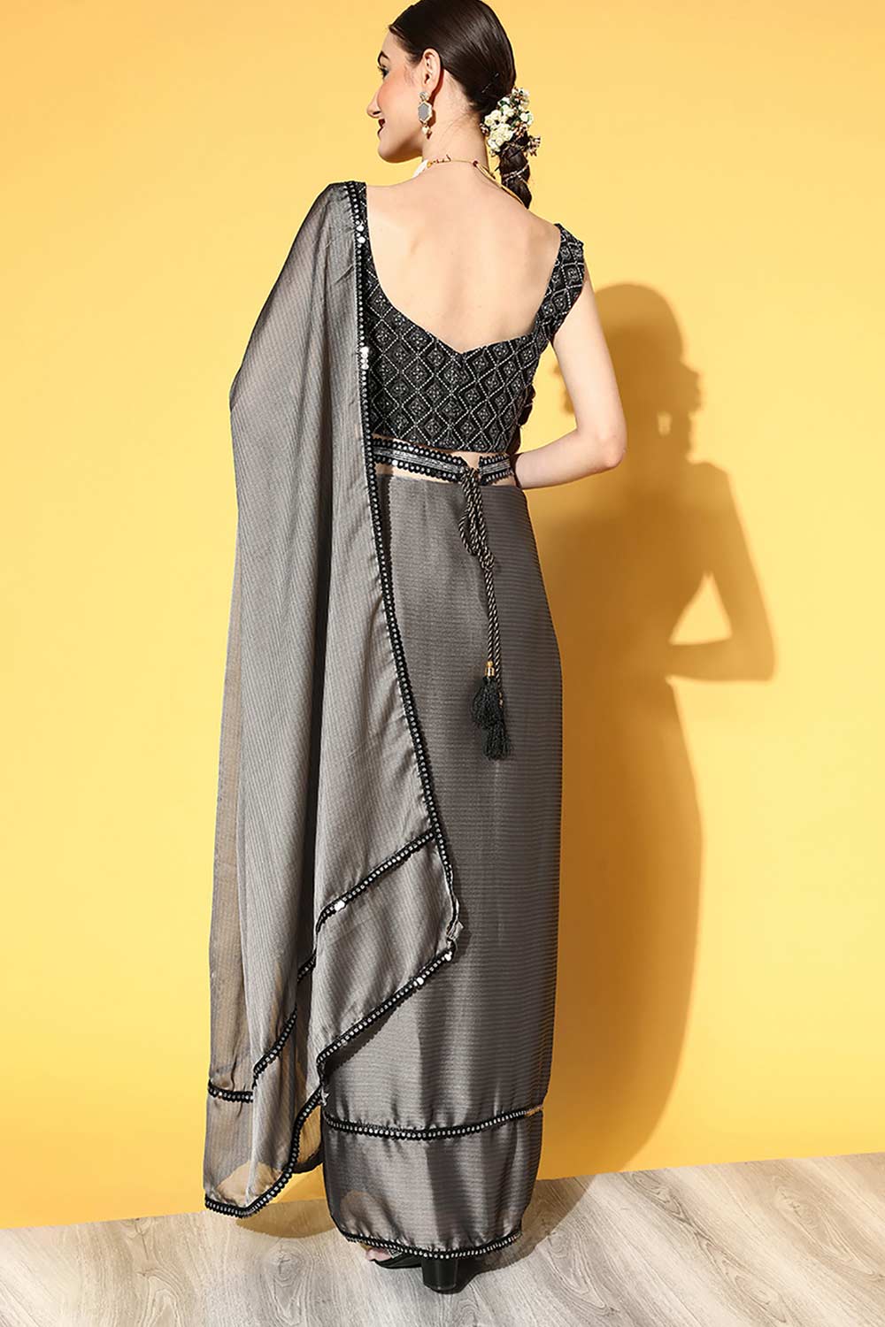 Shop Loriana Grey Georgette Striped One Minute Saree at best offer at our  Store - One Minute Saree