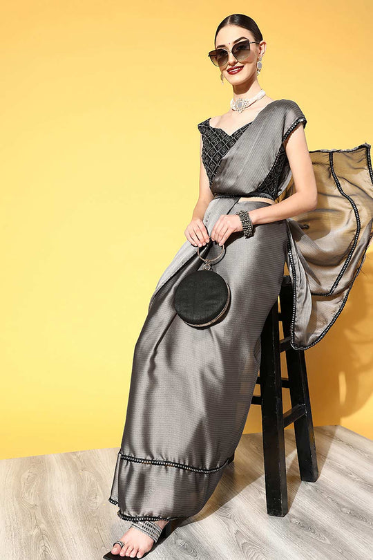 Buy Loriana Grey Georgette Striped One Minute Saree Online - Back