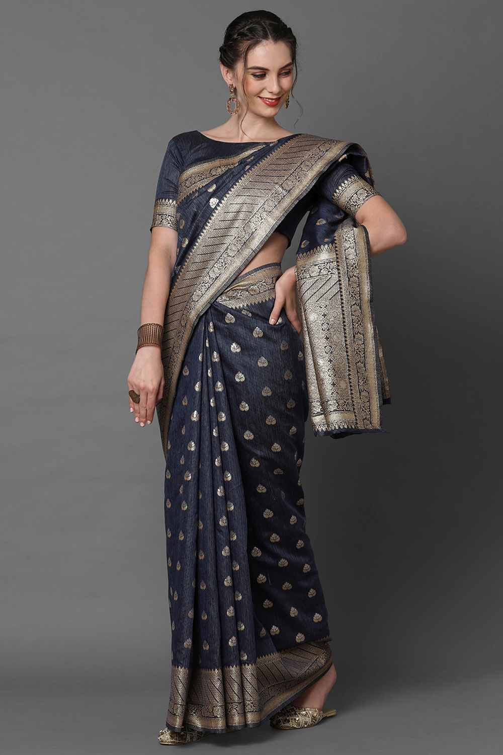 Buy Naina Navy blue Woven Art Silk One Minute Saree Online