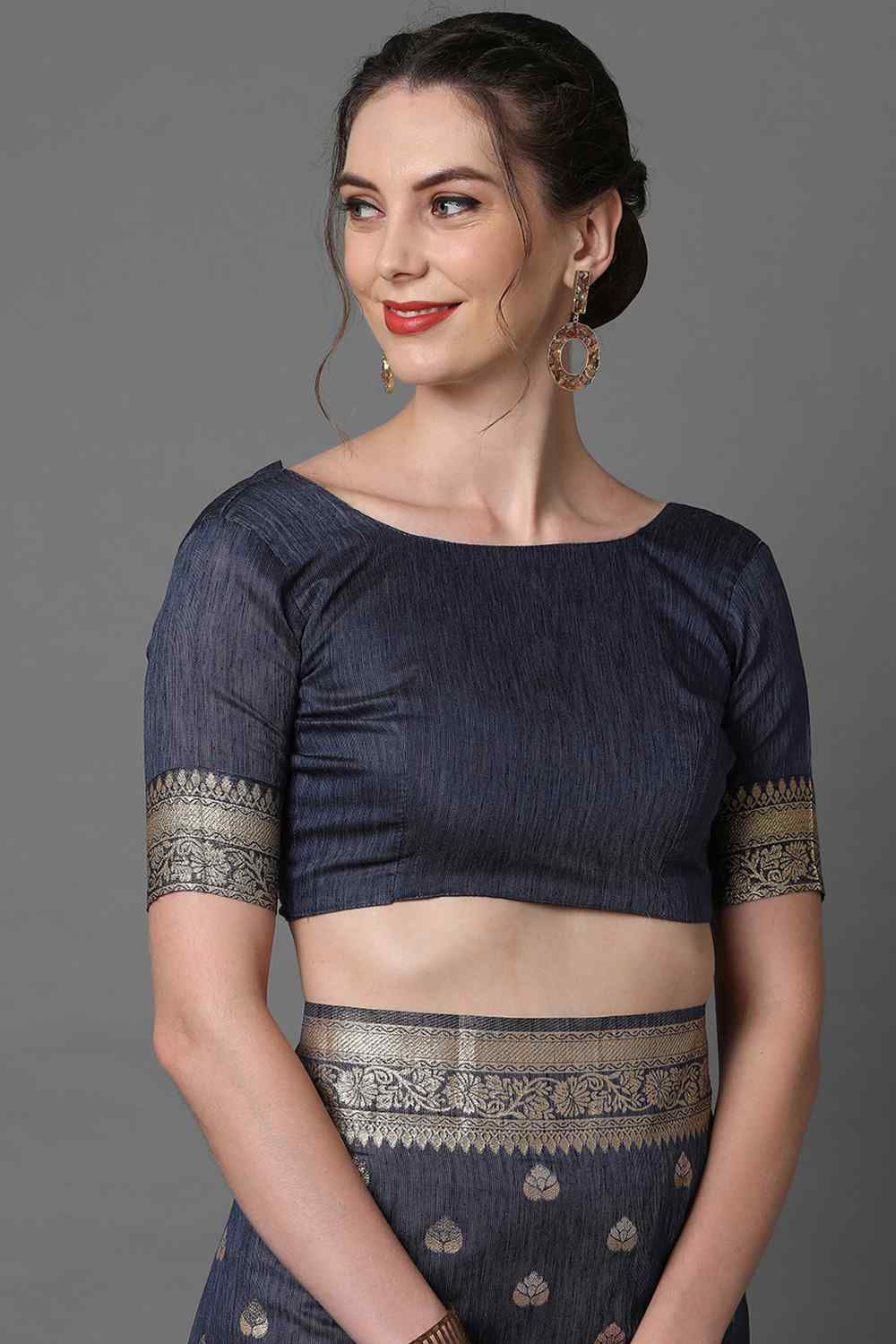 Buy Naina Navy blue Woven Art Silk One Minute Saree Online - Back