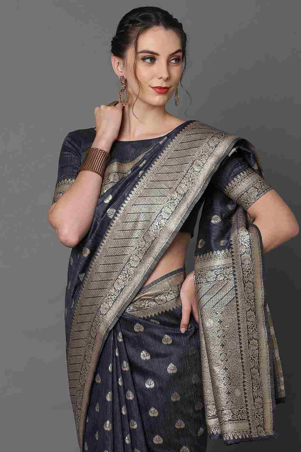 Buy Naina Navy blue Woven Art Silk One Minute Saree Online - Side