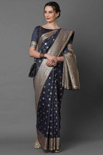 Buy Naina Navy blue Woven Art Silk One Minute Saree Online - One Minute Saree