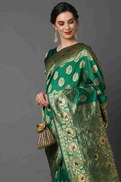 Buy Gwyn Green Woven Art Silk One Minute Saree Online - Side