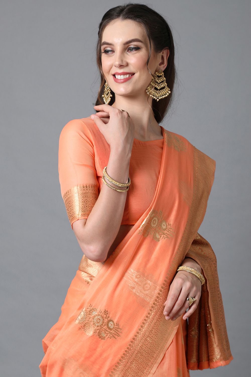 Buy Tory Orange Woven Art Silk One Minute Saree Online - Side