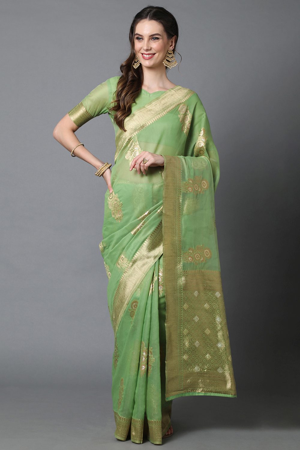Buy Ellie Green Woven Art Silk One Minute Saree Online - One Minute Saree