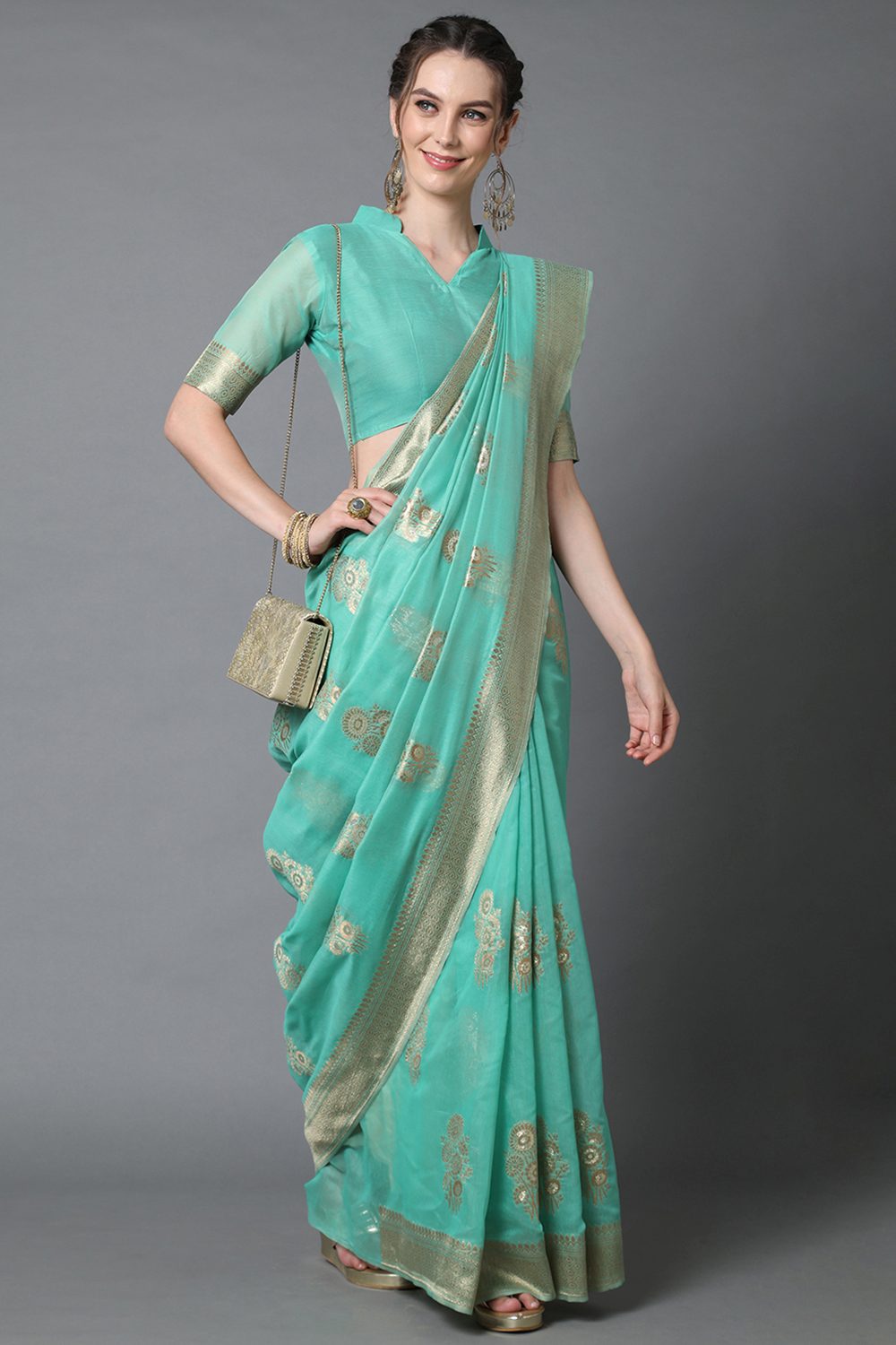 Buy Simone Teal Blue Woven Art Silk One Minute Saree Online