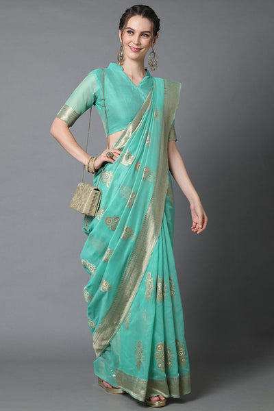 Buy Simone Teal Blue Woven Art Silk One Minute Saree Online