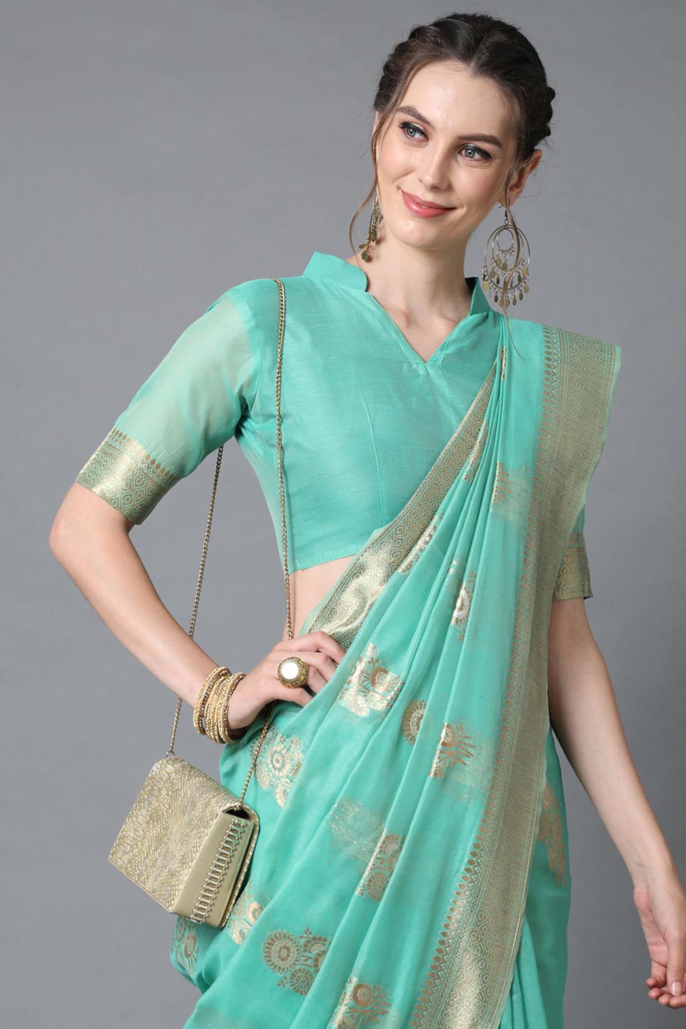 Buy Simone Teal Blue Woven Art Silk One Minute Saree Online - Side