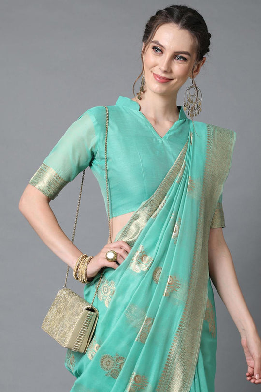 Buy Simone Teal Blue Woven Art Silk One Minute Saree Online - Side