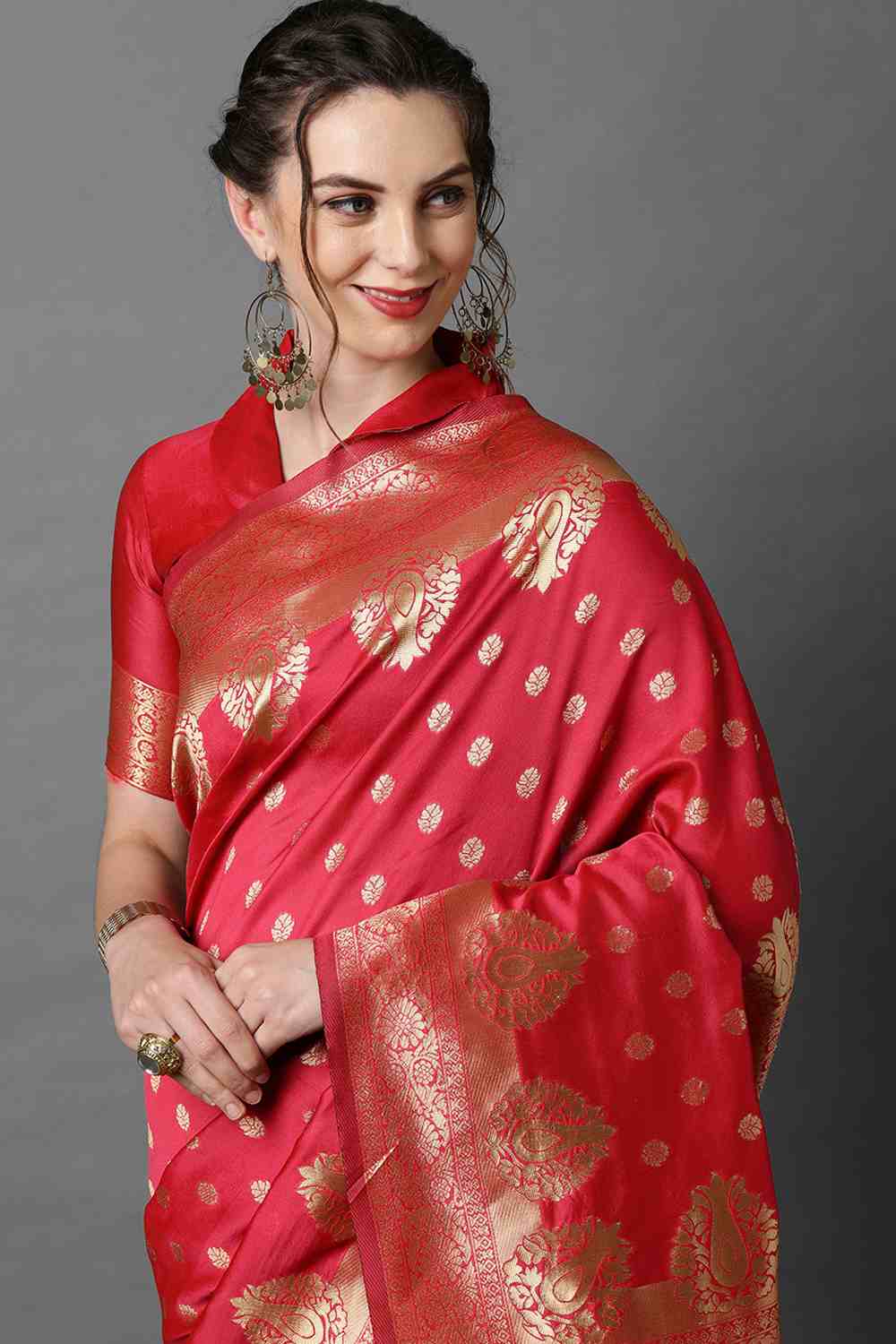 Buy Tina Tomato Red Woven Art Silk One Minute Saree Online - Side