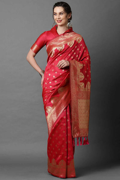 Buy Tina Tomato Red Woven Art Silk One Minute Saree Online - One Minute Saree