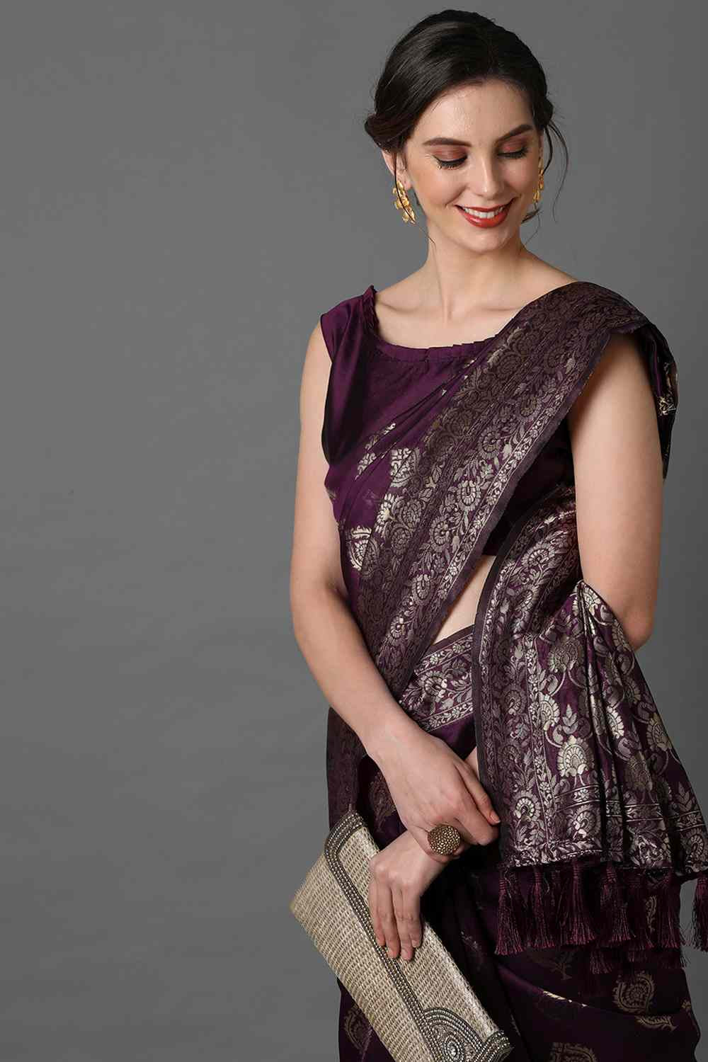 Buy Uma Wine Woven Art Silk One Minute Saree Online - Side