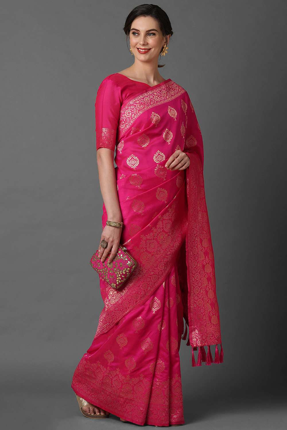Buy Janice Pink Woven Art Silk One Minute Saree Online