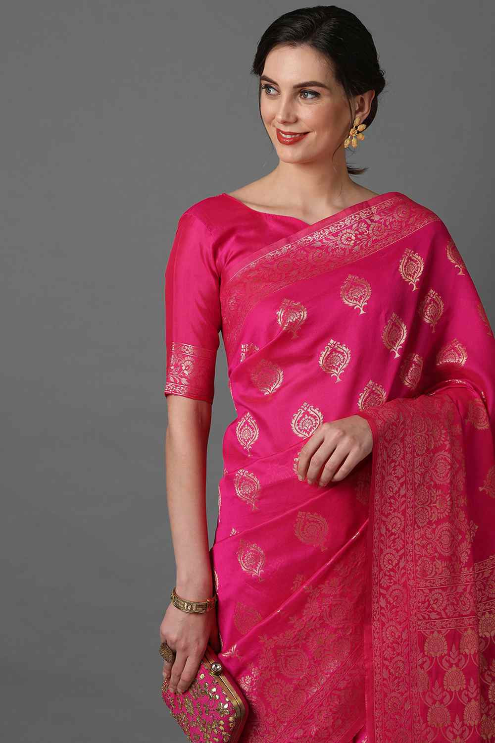 Buy Janice Pink Woven Art Silk One Minute Saree Online - Side