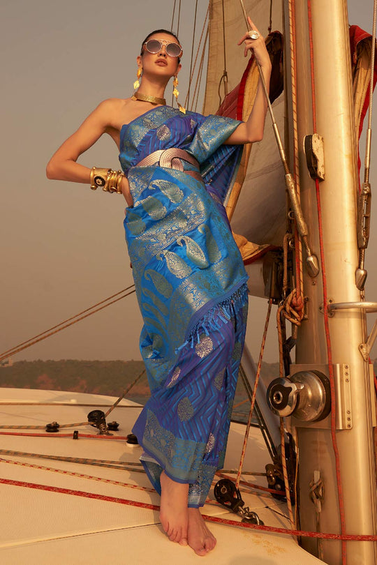 Buy Kingston Navy Blue Satin Nylon Two Tone Weaving Saree Online - One Minute Saree