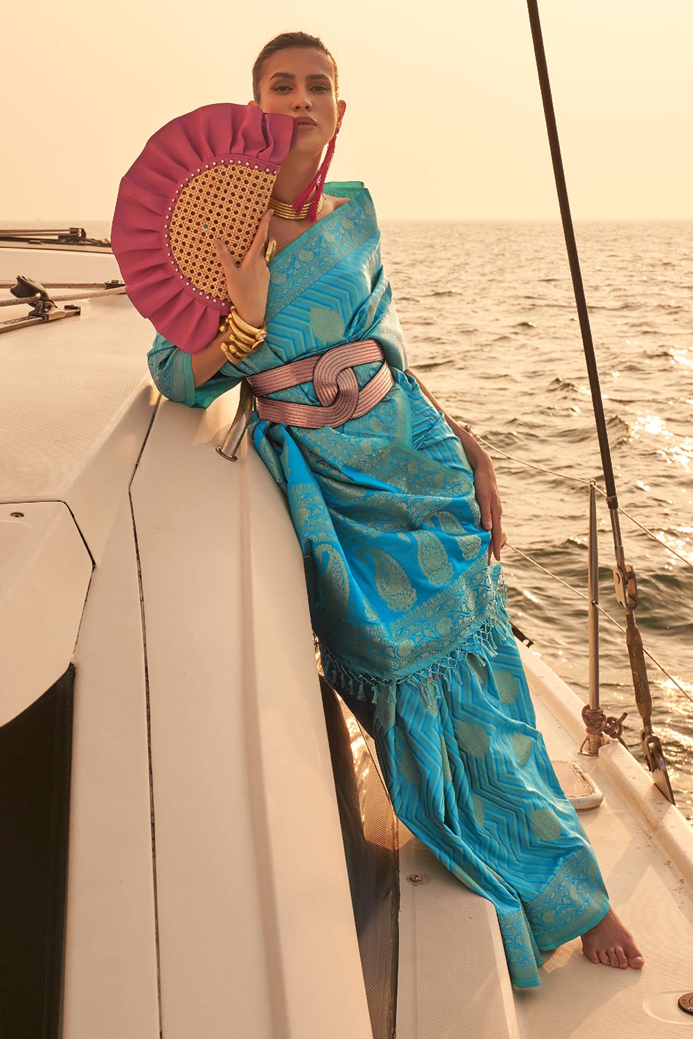 Buy Kingston Light Blue Satin Nylon Two Tone Weaving Saree Online - One Minute Saree