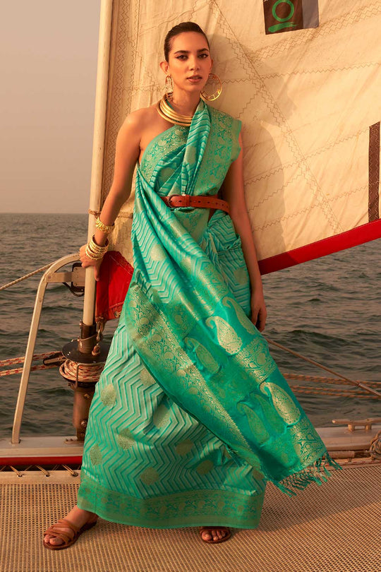 Buy Kingston Turquoise Satin Nylon Two Tone Weaving Saree Online - One Minute Saree