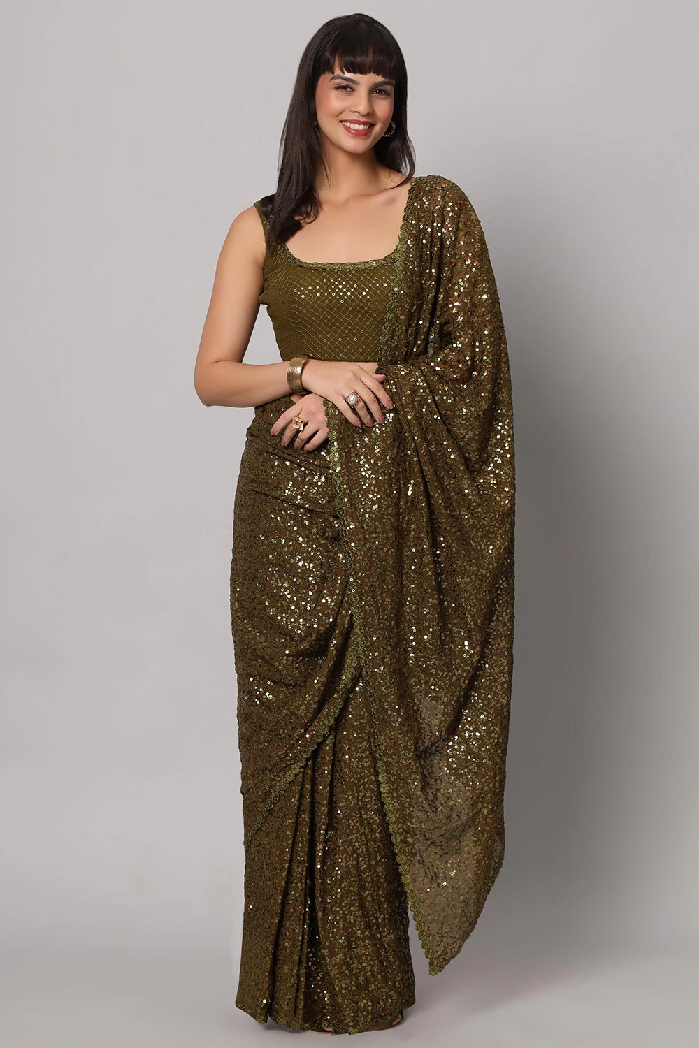 Buy Mehandi Sequins Embroidery Faux Georgette One Minute Saree Online - One Minute Saree