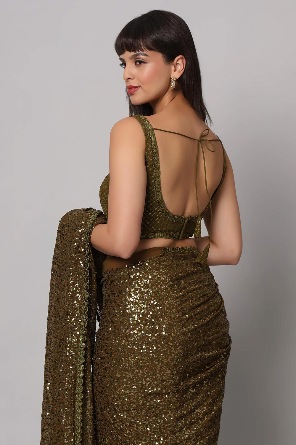 Buy Mehandi Sequins Embroidery Faux Georgette One Minute Saree Online - Side