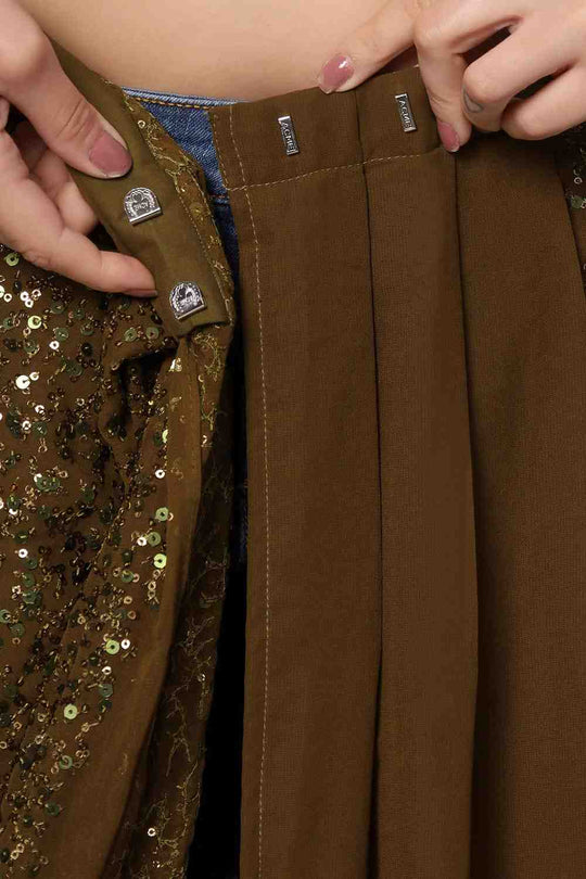 Buy Mehandi Sequins Embroidery Faux Georgette One Minute Saree Online - Zoom In