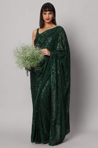 Buy Mia Green Sequin Embroidery Faux Georgette One Minute Saree Online - Back