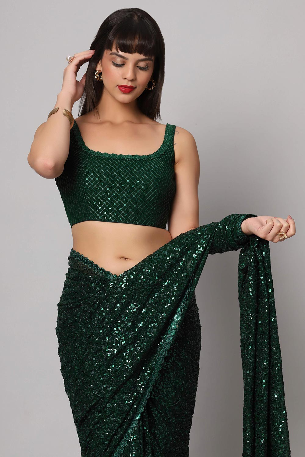 Buy Mia Green Sequin Embroidery Faux Georgette One Minute Saree Online - Front